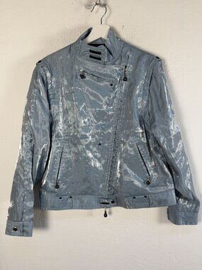 Jamie Sadock Women Metallic Silver Moto Jacket Medium Zip Up Multi Pocket Coated